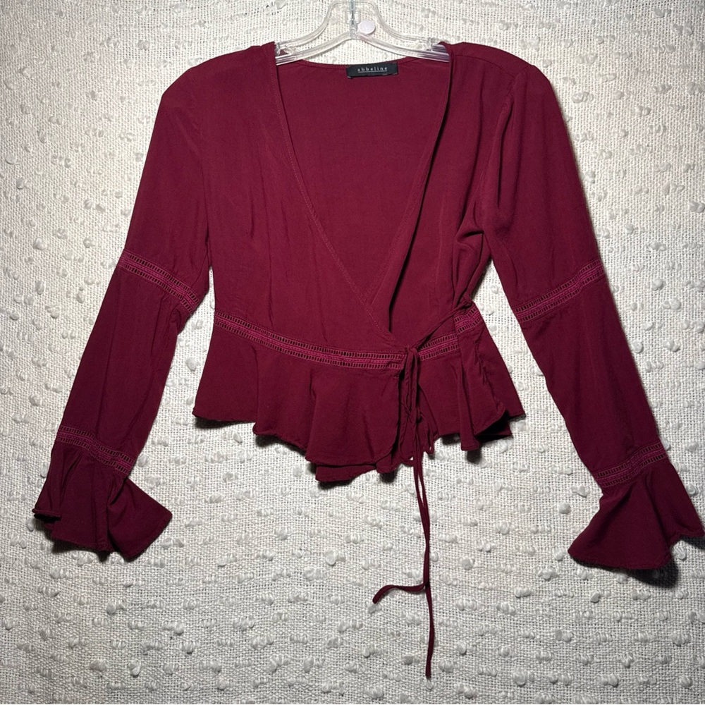 Abbeline Women’s Small Blouse Wrap Shirt Maroon Flare Western Boho Dark Fairy